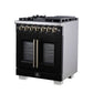 FORNO Capriasca 30" 4.32 cu. ft. French Door Dual Fuel Range with 5 Brass Burners, Air Fryer Kit, Rotisserie Kit, Wok Support & Griddle in Black with Antique Brass Accents, FFSGS6387-30BLK