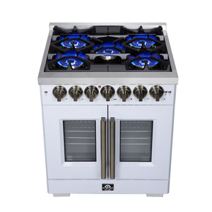 FORNO Capriasca 30" 4.32 cu. ft. French Door Dual Fuel Range with 5 Brass Burners, Air Fryer Kit, Rotisserie Kit, Wok Support & Griddle in White with Antique Brass Accents, FFSGS6387-30WHT