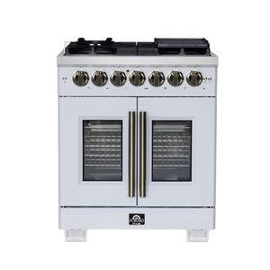 FORNO Capriasca 30" 4.32 cu. ft. French Door Dual Fuel Range with 5 Brass Burners, Air Fryer Kit, Rotisserie Kit, Wok Support & Griddle in White with Antique Brass Accents, FFSGS6387-30WHT