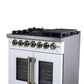 FORNO Capriasca 30" 4.32 cu. ft. French Door Dual Fuel Range with 5 Brass Burners, Air Fryer Kit, Rotisserie Kit, Wok Support & Griddle in White with Antique Brass Accents, FFSGS6387-30WHT
