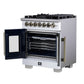 FORNO Capriasca 30" 4.32 cu. ft. French Door Dual Fuel Range with 5 Brass Burners, Air Fryer Kit, Rotisserie Kit, Wok Support & Griddle in White with Antique Brass Accents, FFSGS6387-30WHT