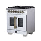 FORNO Capriasca 30" 4.32 cu. ft. French Door Dual Fuel Range with 5 Brass Burners, Air Fryer Kit, Rotisserie Kit, Wok Support & Griddle in White with Antique Brass Accents, FFSGS6387-30WHT