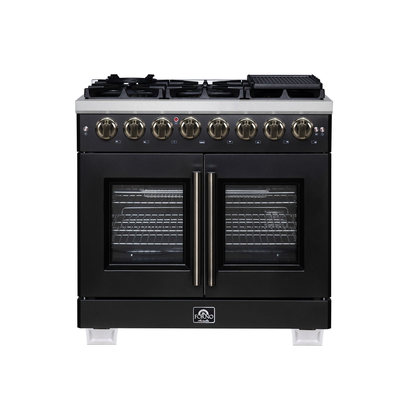 FORNO Capriasca 36" 5.36 cu. ft. Dual Fuel Range with 6 Brass Burners, Air Fryer Kit, Rotisserie Kit, Wok Support & Griddle in Black with Antique Brass Accents, FFSGS6387-36BLK