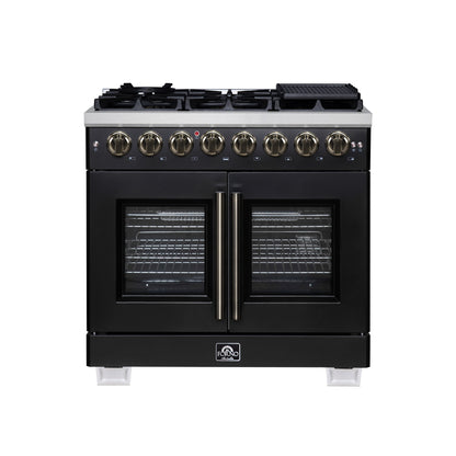 FORNO Capriasca 36" 5.36 cu. ft. Dual Fuel Range with 6 Brass Burners, Air Fryer Kit, Rotisserie Kit, Wok Support & Griddle in Black with Antique Brass Accents, FFSGS6387-36BLK