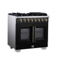 FORNO Capriasca 36" 5.36 cu. ft. Dual Fuel Range with 6 Brass Burners, Air Fryer Kit, Rotisserie Kit, Wok Support & Griddle in Black with Antique Brass Accents, FFSGS6387-36BLK
