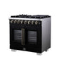FORNO Capriasca 36" 5.36 cu. ft. Dual Fuel Range with 6 Brass Burners, Air Fryer Kit, Rotisserie Kit, Wok Support & Griddle in Black with Antique Brass Accents, FFSGS6387-36BLK
