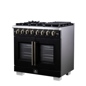FORNO Capriasca 36" 5.36 cu. ft. Dual Fuel Range with 6 Brass Burners, Air Fryer Kit, Rotisserie Kit, Wok Support & Griddle in Black with Antique Brass Accents, FFSGS6387-36BLK