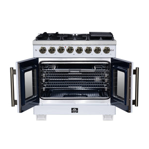 FORNO Capriasca 36" 5.36 cu. ft. Dual Fuel Range with 6 Brass Burners, Air Fryer Kit, Rotisserie Kit, Wok Support & Griddle in White with Antique Brass Accents, FFSGS6387-36WHT