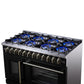 FORNO Capriasca 48" 6.58 cu. ft. Dual Fuel Range with 8 Brass Burners, Air Fryer Kit, Rotisserie Kit, Wok Support & Griddle in Black with Antique Brass Accents, FFSGS6387-48BLK