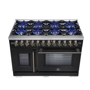 FORNO Capriasca 48" 6.58 cu. ft. Dual Fuel Range with 8 Brass Burners, Air Fryer Kit, Rotisserie Kit, Wok Support & Griddle in Black with Antique Brass Accents, FFSGS6387-48BLK