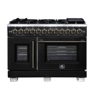FORNO Capriasca 48" 6.58 cu. ft. Dual Fuel Range with 8 Brass Burners, Air Fryer Kit, Rotisserie Kit, Wok Support & Griddle in Black with Antique Brass Accents, FFSGS6387-48BLK