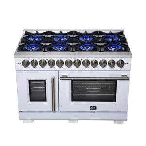FORNO Capriasca 48" 6.58 cu. ft. Dual Fuel Range with 8 Brass Burners, Air Fryer Kit, Rotisserie Kit, Wok Support & Griddle in White with Antique Brass Accents, FFSGS6387-48WHT