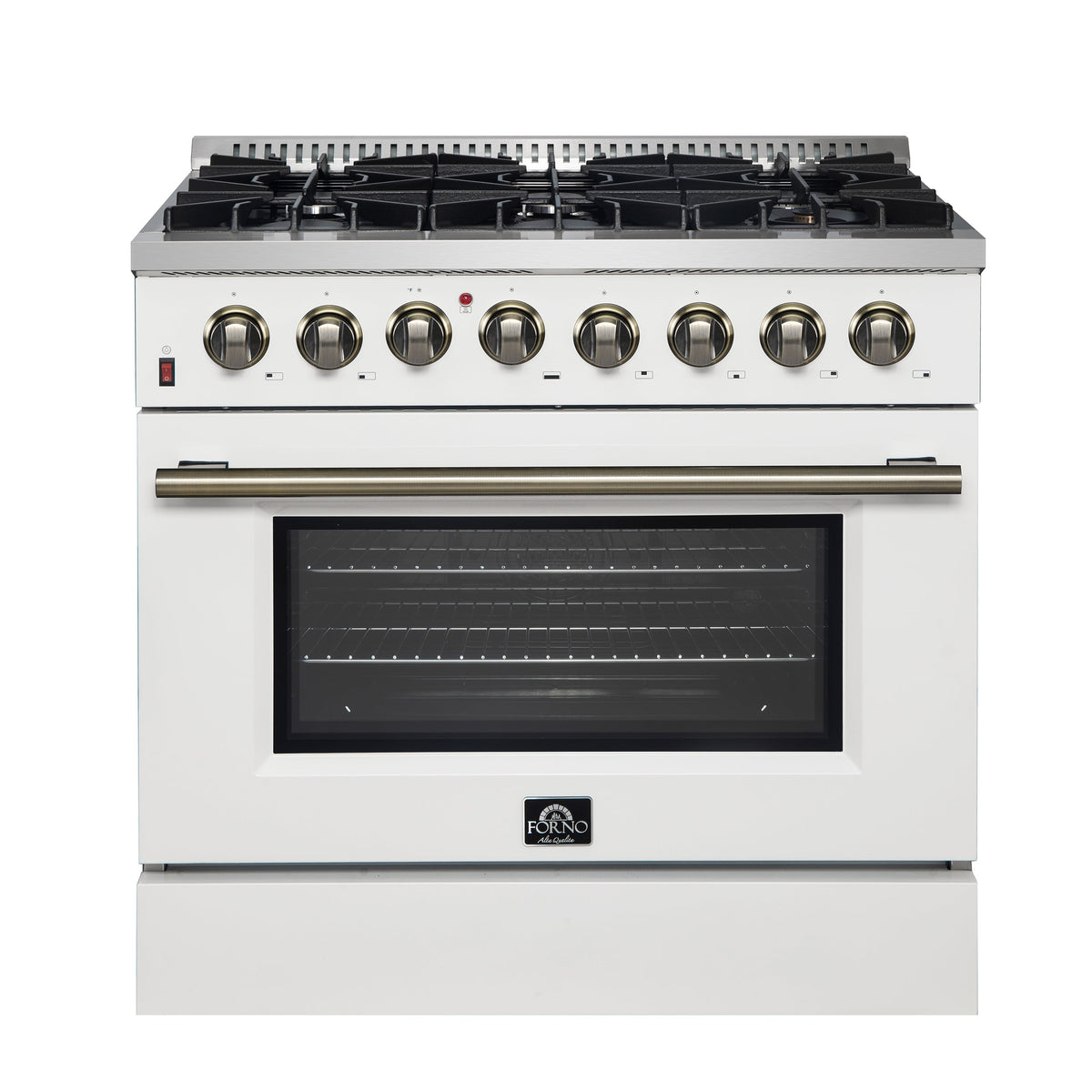 FORNO Galiano 36" 5.36 cu. ft. Dual Fuel Range with 6 Sealed Burners in White with Antique Brass Accents, FFSGS6156-36WHT