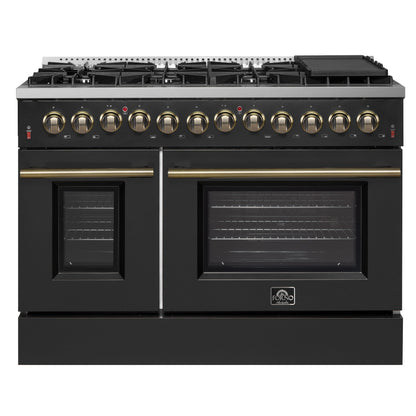 FORNO Galiano 48" 6.58 cu. ft. Dual Fuel Range with 8 Sealed Burners and Griddle in Black with Antique Brass Accents, FFSGS6156-48BLK