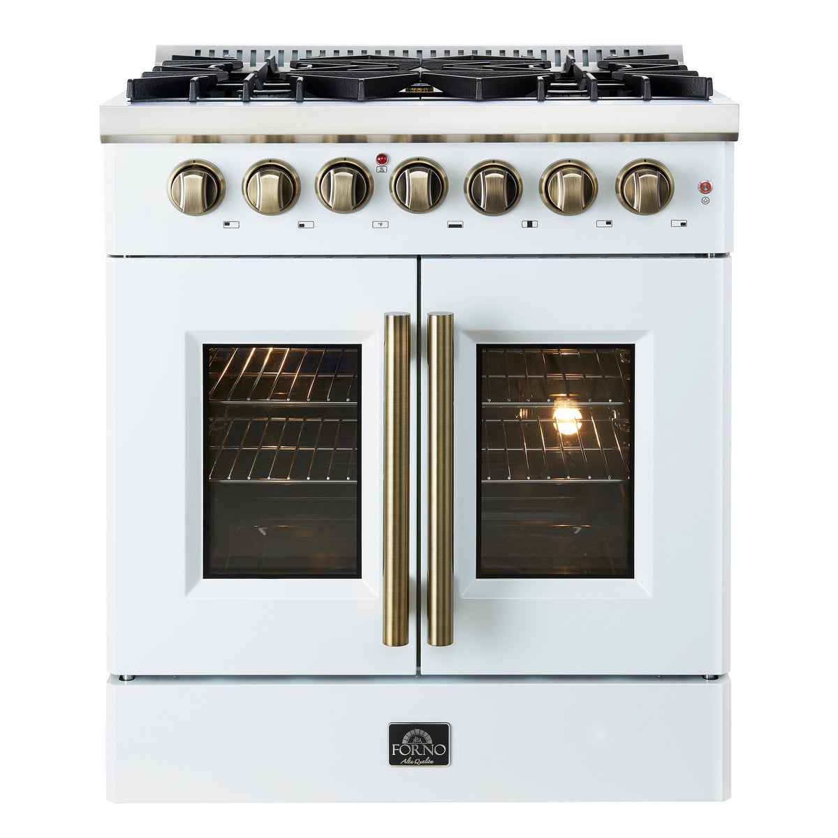 FORNO Galiano 30" 4.32 cu. ft. French Door Dual Fuel Range with 5 Sealed Burners in White with Antique Brass Accents, FFSGS6356-30WHT