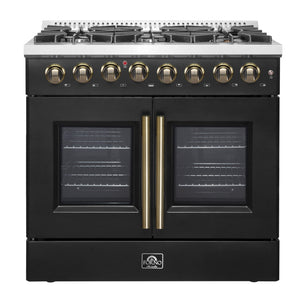 FORNO Galiano 36" 5.36 cu. ft. French Door Dual Fuel Range with 6 Sealed Burners in Black with Antique Brass Accents, FFSGS6356-36BLK
