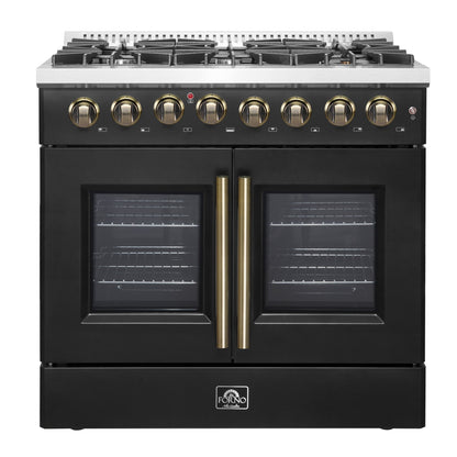 FORNO Galiano 36" 5.36 cu. ft. French Door Dual Fuel Range with 6 Sealed Burners in Black with Antique Brass Accents, FFSGS6356-36BLK