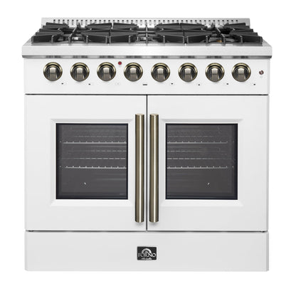 FORNO Galiano 36" 5.36 cu. ft. French Door Dual Fuel Range with 6 Sealed Burners in White with Antique Brass Accents, FFSGS6356-36WHT