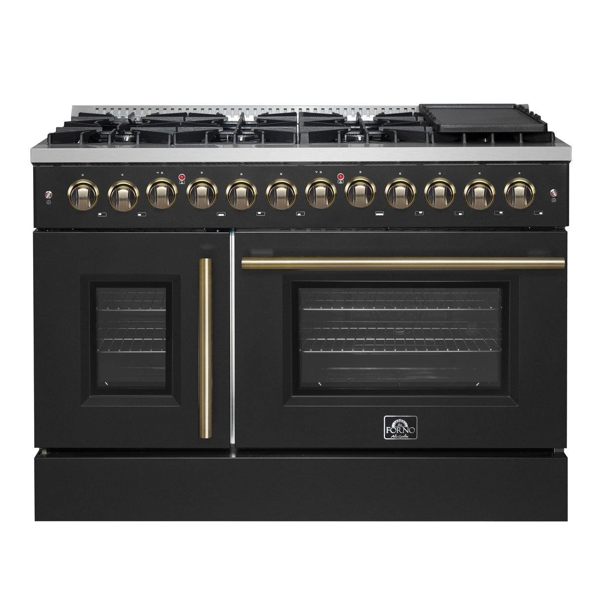 FORNO Galiano 48" 6.58 cu. ft. French Door Dual Fuel Range with 8 Sealed Burners and Griddle in Black with Antique Brass Accents, FFSGS6356-48BLK