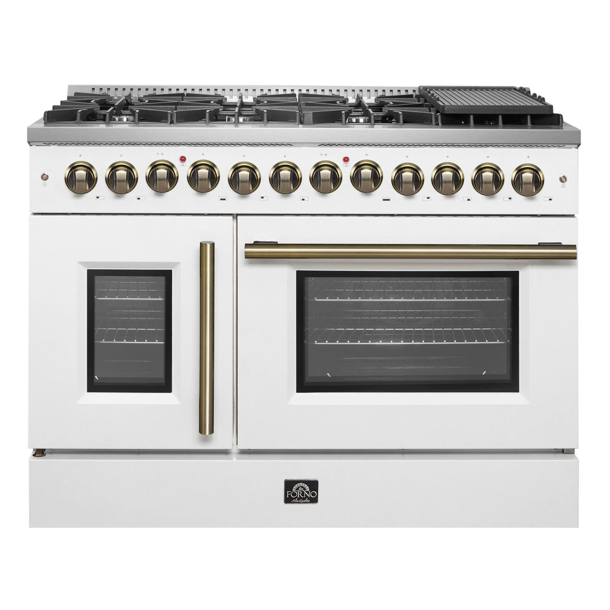 FORNO Galiano 48" 6.58 cu. ft. French Door Dual Fuel Range with 8 Sealed Burners and Griddle in White with Antique Brass Accents, FFSGS6356-48WHT