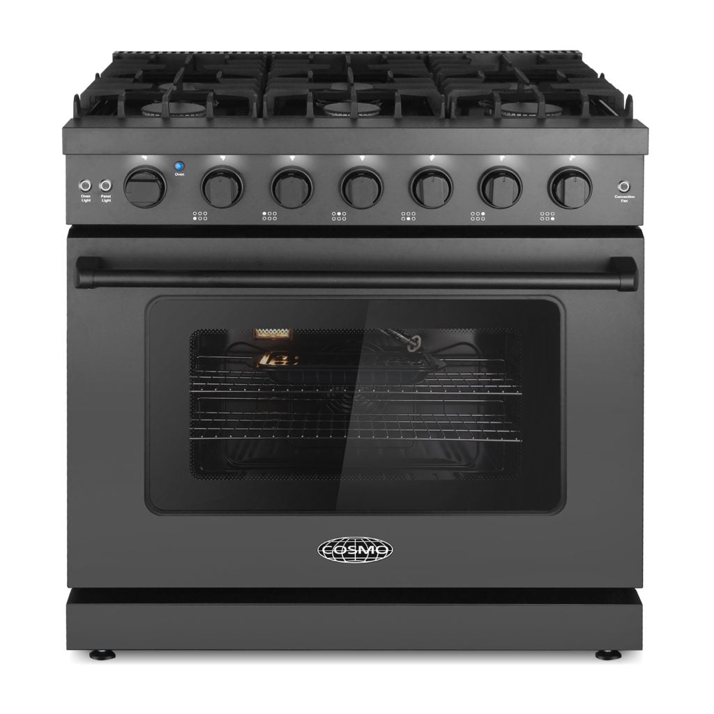 Cosmo Haven 36" 6.0 cu. ft. Gas Range, 6 Burners, Convection Oven, Knob LEDs, Storage Drawer in Matte Black, COS-EPGR366-BK