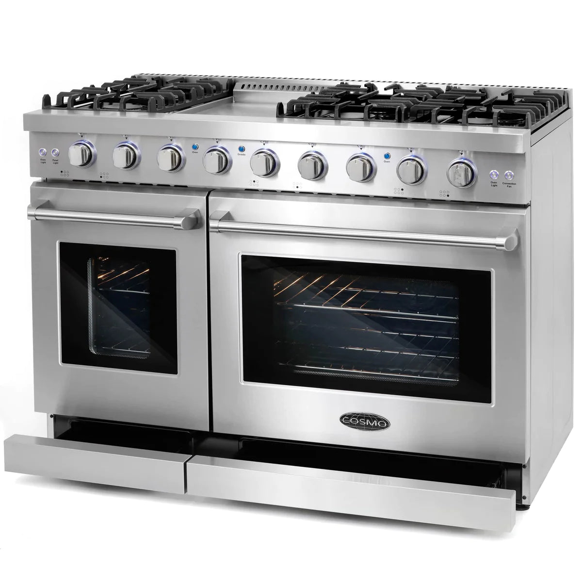 Cosmo 48" 6.8 cu. ft. Double Oven Commercial Gas Range with Fan Assist Convection Oven in Stainless Steel Storage Drawer