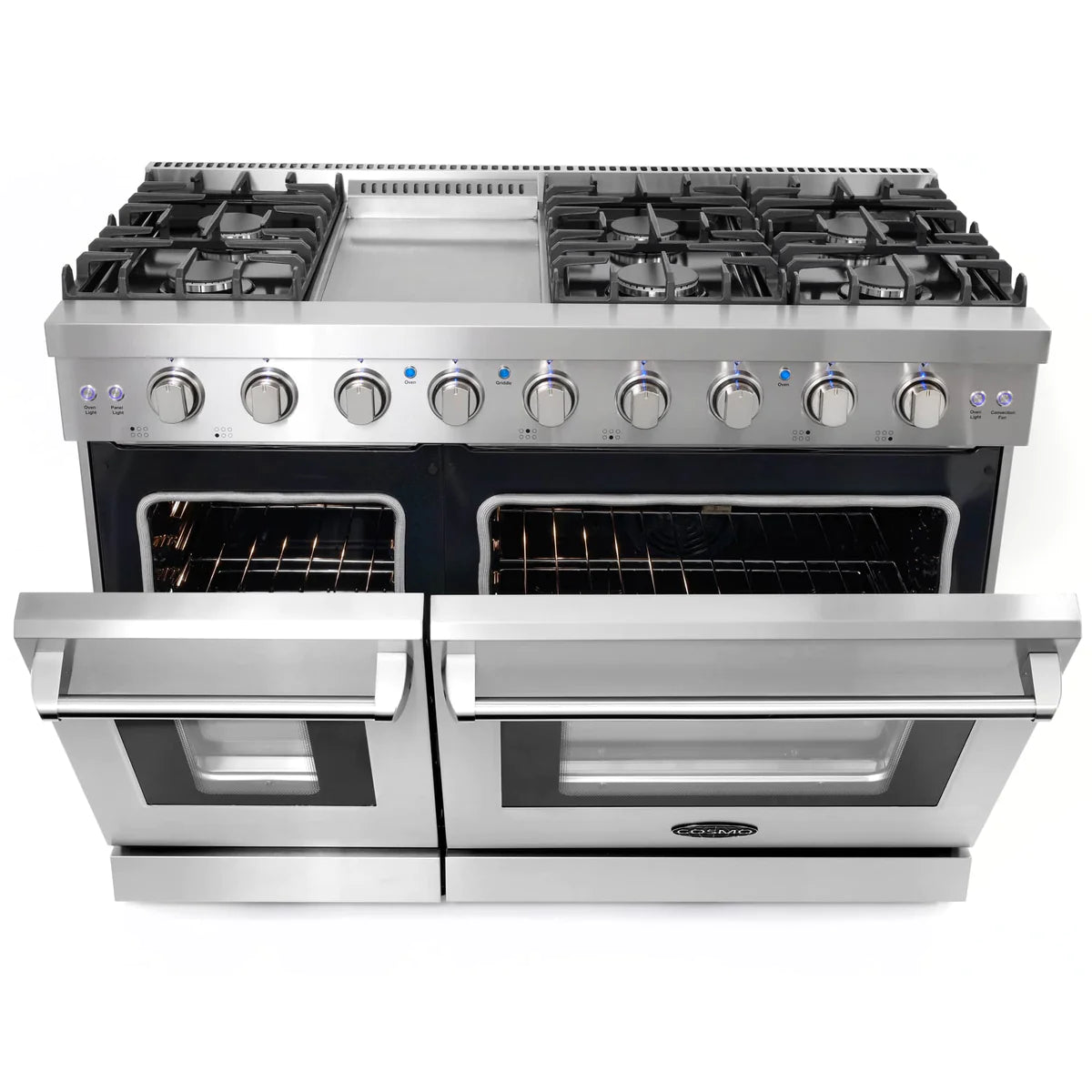 Cosmo 48" 6.8 cu. ft. Double Oven Commercial Gas Range with Fan Assist Convection Oven in Stainless Steel Storage Drawer