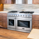 Cosmo 48" 6.8 cu. ft. Double Oven Commercial Gas Range with Fan Assist Convection Oven in Stainless Steel Storage Drawer