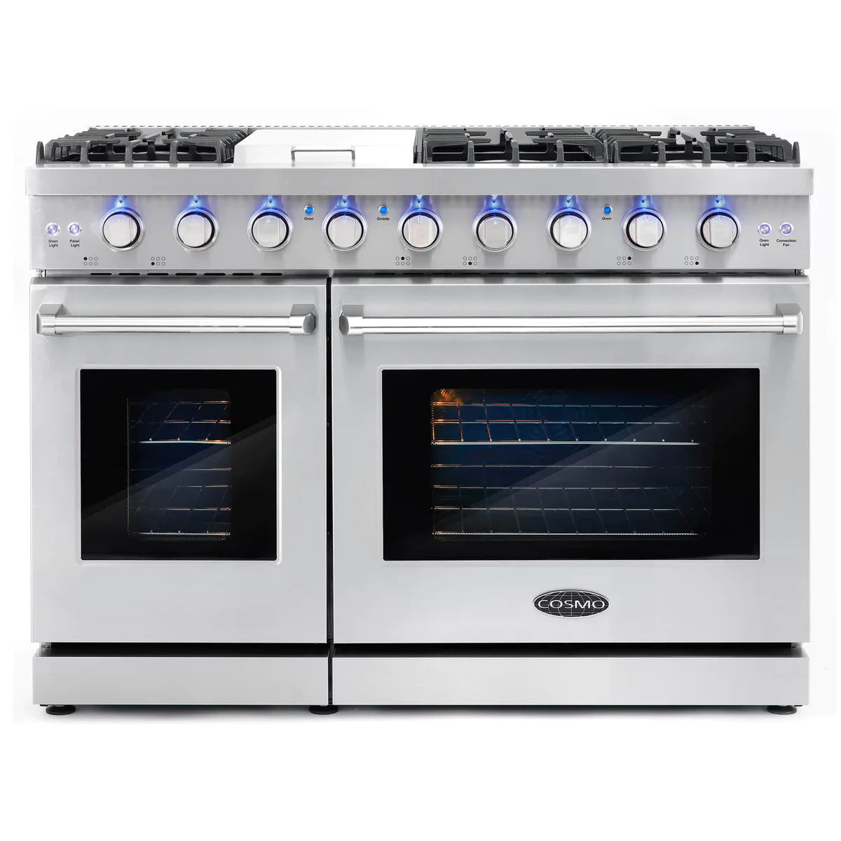 Cosmo 48" 6.8 cu. ft. Double Oven Commercial Gas Range with Fan Assist Convection Oven in Stainless Steel Storage Drawer