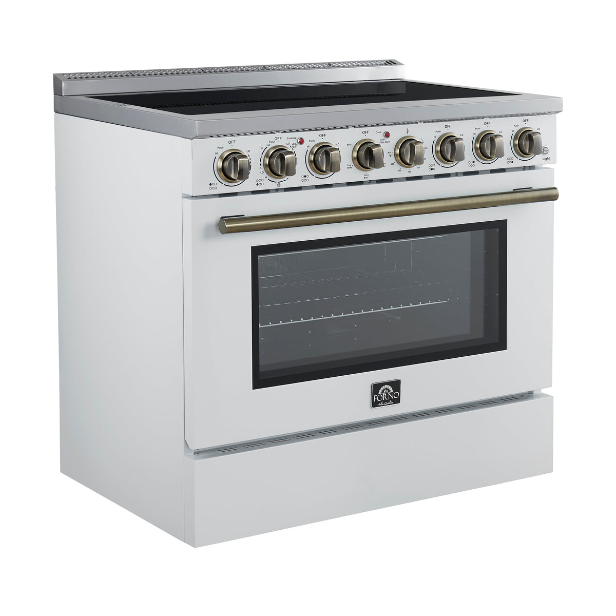 FORNO Paolo 36" 5.44 cu. ft. Freestanding Electric Range with True Convection Oven in White with Antique Brass Accents, FFSEL6011-36WHT