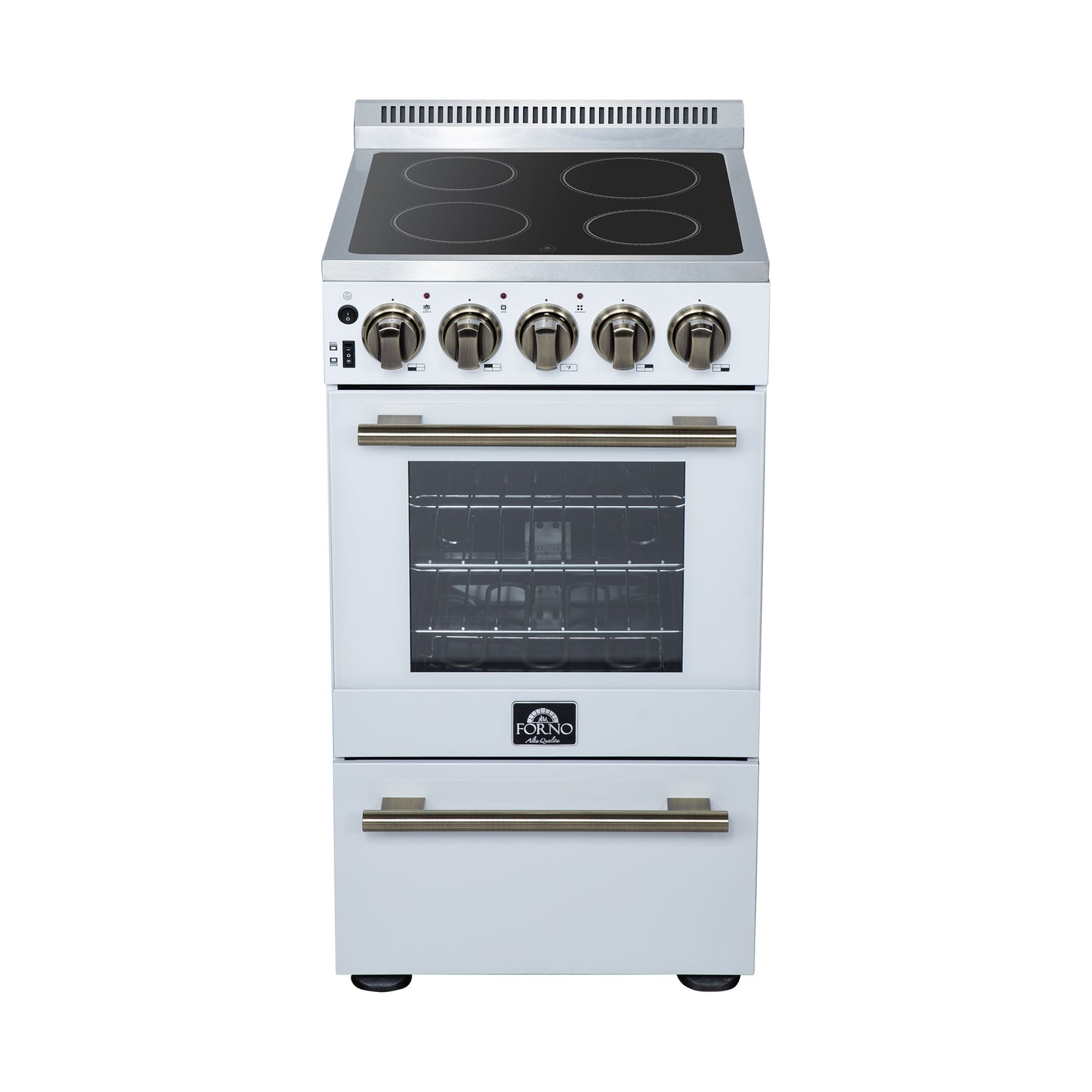 FORNO Pallerno 20" 2.05 cu.ft. Freestanding Electric Range with 4 Elements and Storage Drawer in White with Antique Brass Accents, FFSEL6052-20WHT