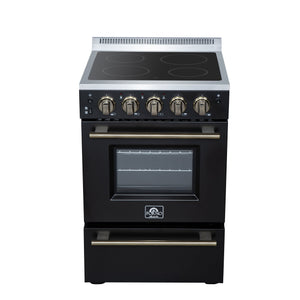 FORNO Loiano 24" 2.3 cu. ft. Freestanding Electric Range with 4 Element Burners, Storage Drawer and Air Fryer Kit in Black with Antique Brass Accents, FFSEL6069-24BLK