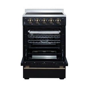 FORNO Loiano 24" 2.3 cu. ft. Freestanding Electric Range with 4 Element Burners, Storage Drawer and Air Fryer Kit in Black with Antique Brass Accents, FFSEL6069-24BLK