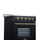 FORNO Loiano 24" 2.3 cu. ft. Freestanding Electric Range with 4 Element Burners, Storage Drawer and Air Fryer Kit in Black with Antique Brass Accents, FFSEL6069-24BLK