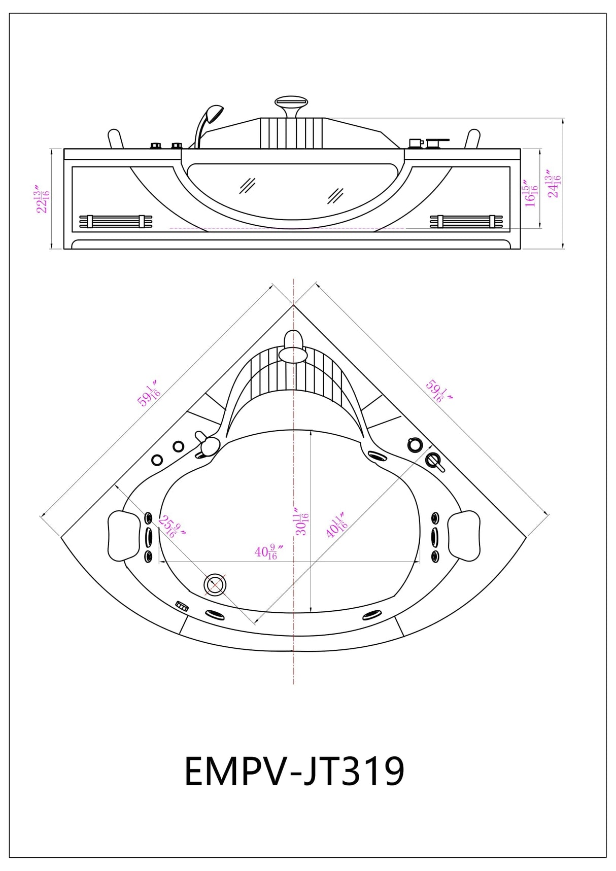 Empava 59 in. Whirlpool LED Corner Bathtub - EMPV-59JT319LED