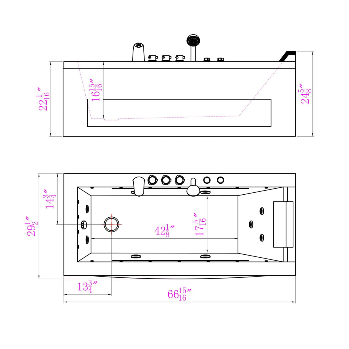 Empava 67 in. Whirlpool Rectangular Bathtub - EMPV-67JT351LED