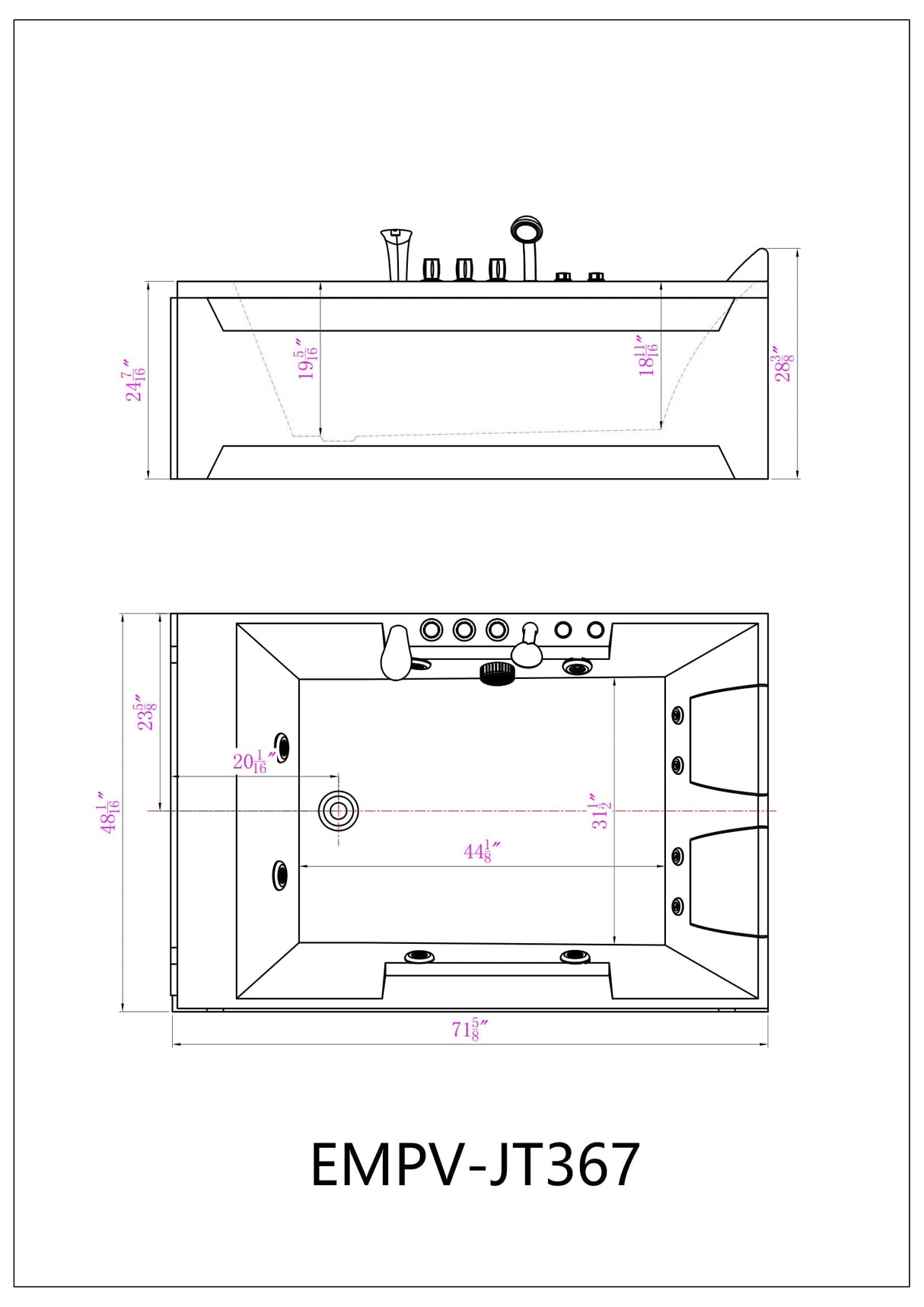 Empava 72 in. Whirlpool Rectangular Bathtub - EMPV-72JT367LED