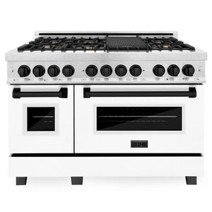 ZLINE Autograph 48" 6.0 cu. ft. Legacy Dual Fuel Range with 7 Burner Gas Cooktop and 2 Electric Ovens in Satin Stainless Steel with White Matte Doors and Matte Black Accents, RASZ-WM-48-MB