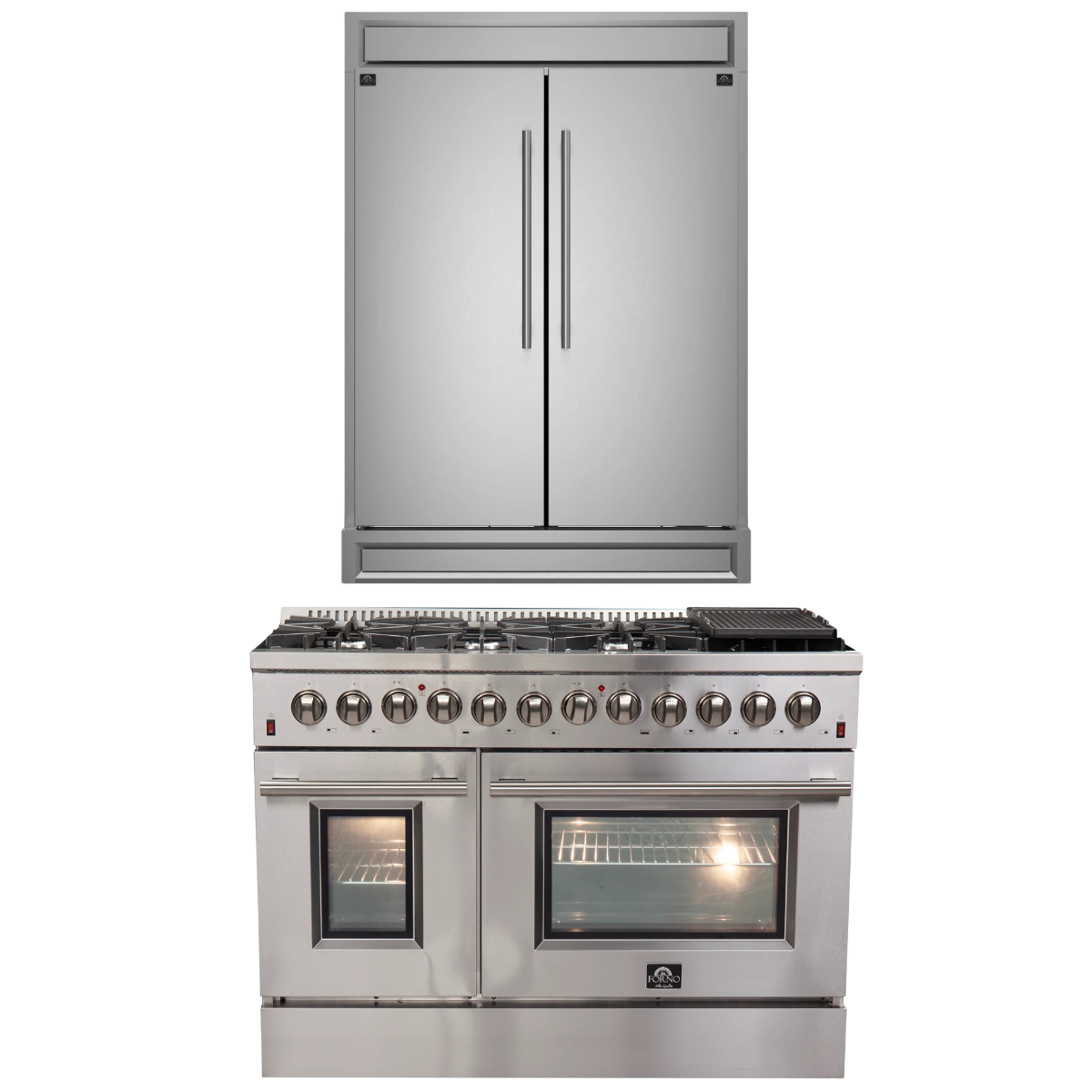 FORNO Appliance Package - 48" Dual Fuel Range and 60" Refrigerator with Modern Grill Trim, FBDL-017-03CAUS