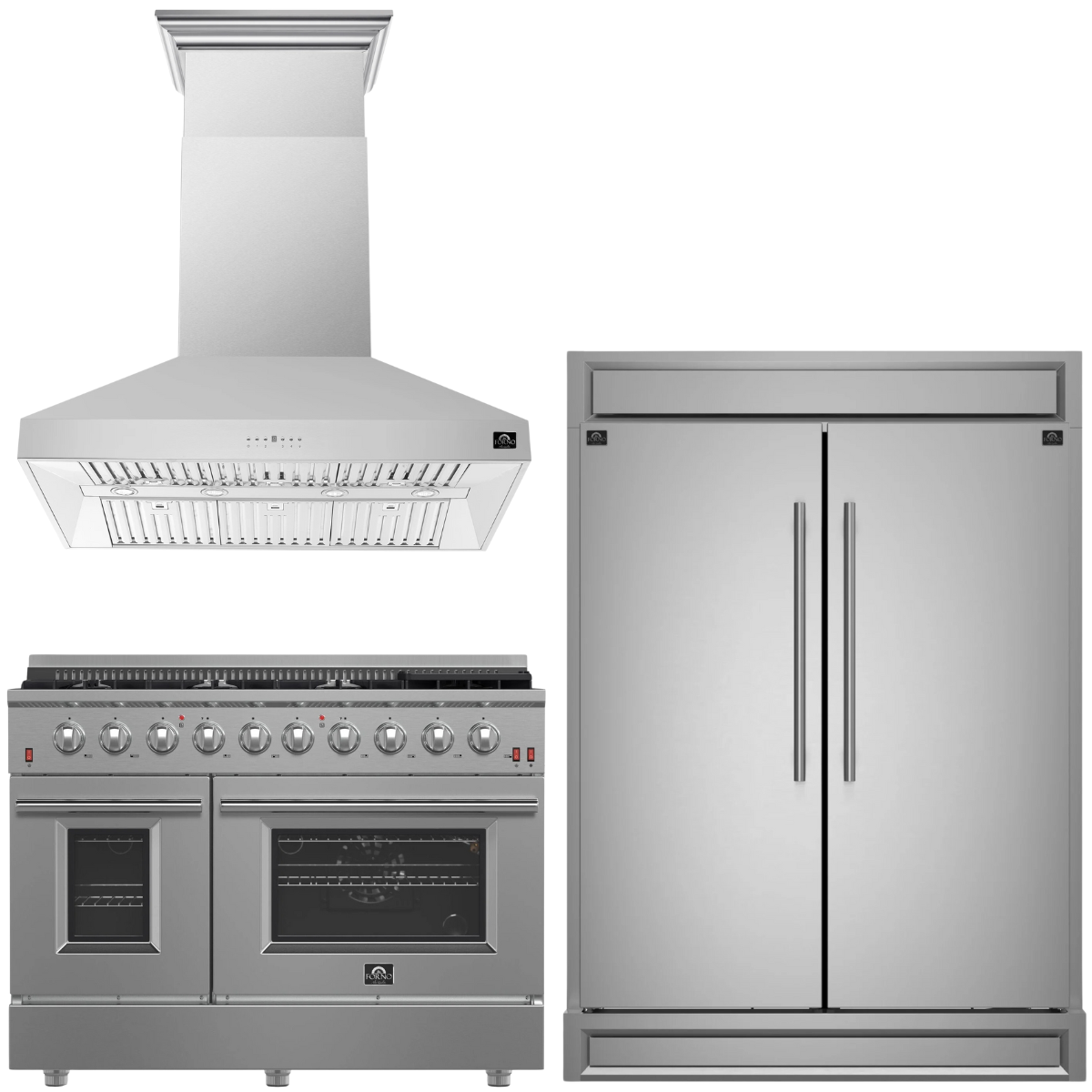 FORNO Appliance Package - 48" Gas Range, Wall Mount Range Hood and 60" Refrigerator with Modern Grill Trim, FBDL-018-04CAUS