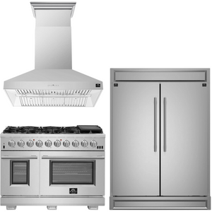 FORNO Appliance Package - 48" Gas Range, Wall Mount Range Hood and 60" Refrigerator with Modern Grill Trim, FBDL-019-07CAUS