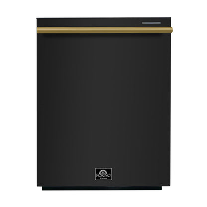 FORNO Espresso Pozzo 24" Built-In Dishwasher in Black with Antique Brass Handles, FDWBI8067-24BLK