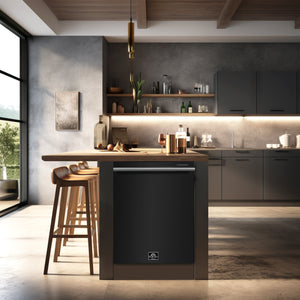 FORNO Espresso Package - 30" Electric Range, Over-The-Range Microwave, 36" Refrigerator with Ice Maker and Dishwasher in Black with Stainless Steel Accents, AP4-6012BLK-S12