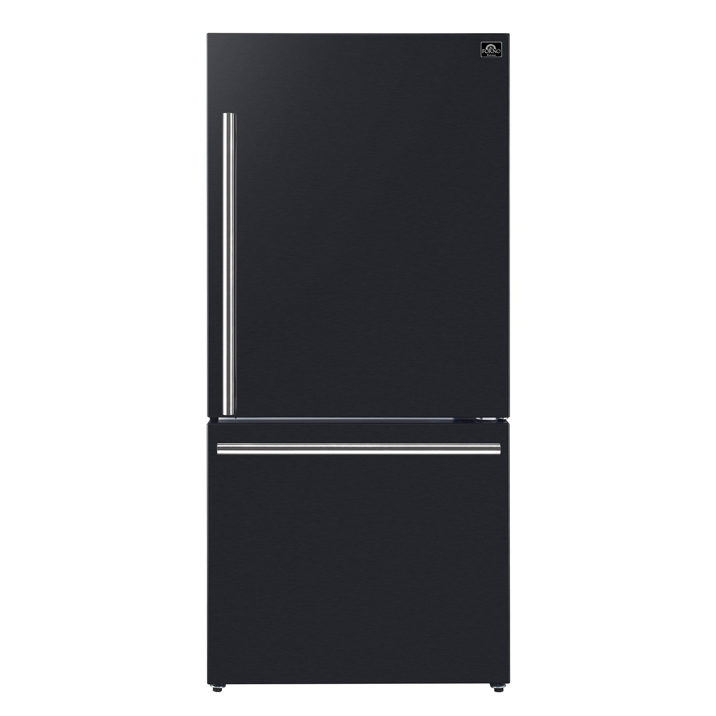 FORNO Espresso Milano 31" 17.2 cu. ft. Right Swing Refrigerator and Bottom Freezer in Black with Stainless Steel Handles, FFFFD1785-31BLK