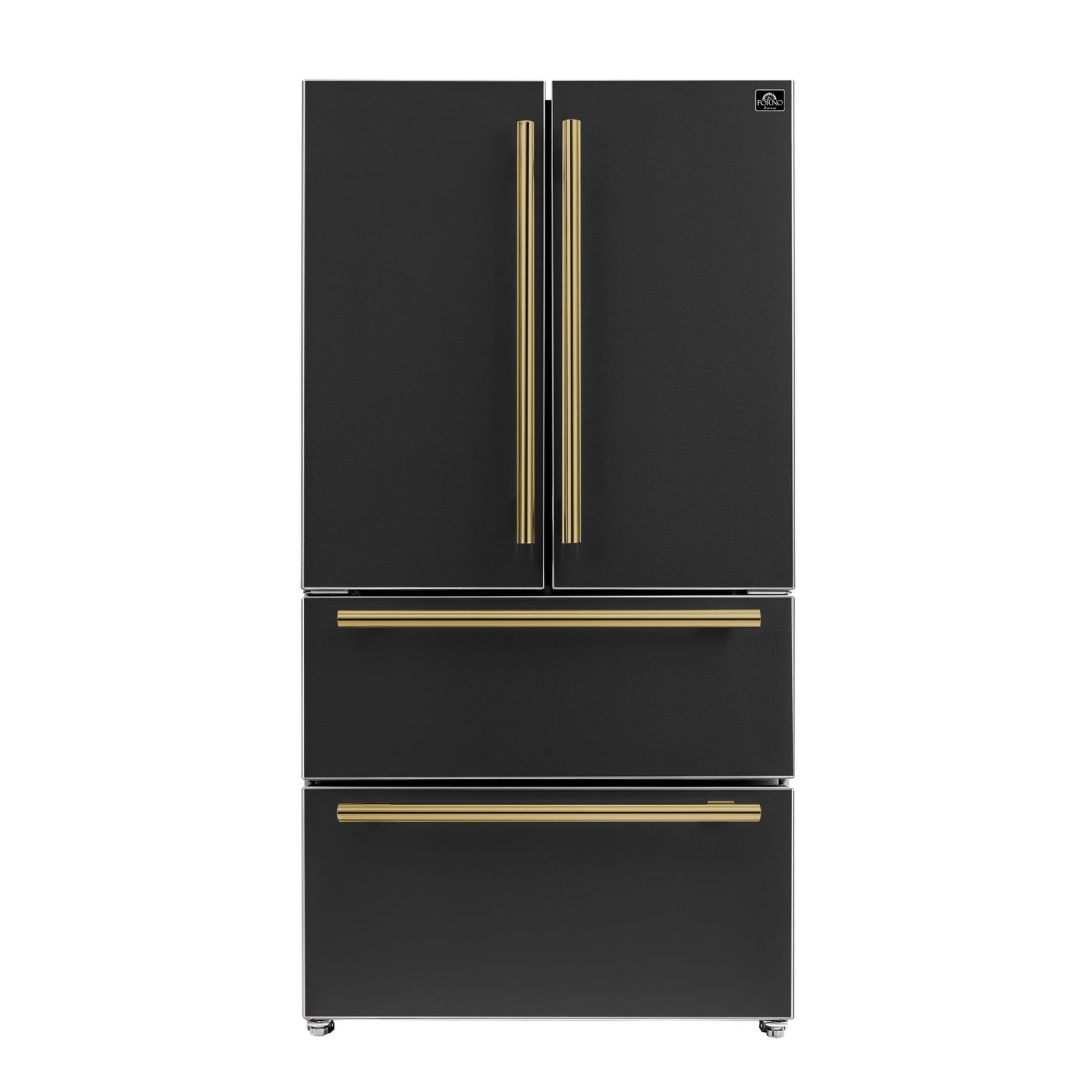FORNO Espresso Moena 36" 19.2 cu. ft. Counter Depth Refrigerator with Ice Maker in Black with Antique Brass Handles, FFRBI1820-36BLK
