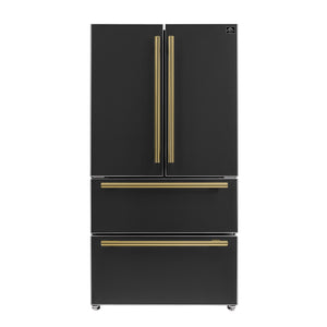 FORNO Espresso Moena 36" 19.2 cu. ft. Counter Depth Refrigerator with Ice Maker in Black with Antique Brass Handles, FFRBI1820-36BLK
