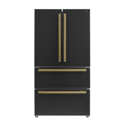 FORNO Espresso Moena 36" 19.2 cu. ft. Counter Depth Refrigerator with Ice Maker in Black with Antique Brass Handles, FFRBI1820-36BLK