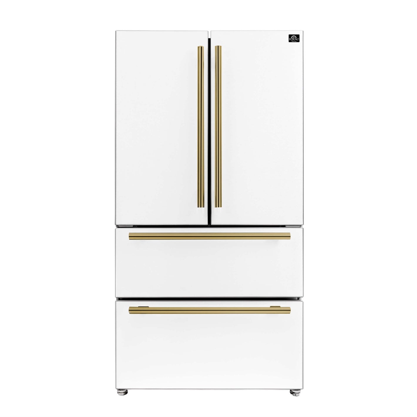 FORNO Espresso Moena 36" 19.2 cu. ft. Counter Depth Refrigerator with Ice Maker in White with Antique Brass Handles, FFRBI1820-36WHT