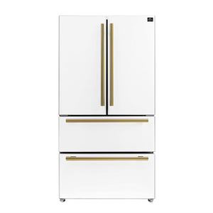 FORNO Espresso Moena 36" 19.2 cu. ft. Counter Depth Refrigerator with Ice Maker in White with Antique Brass Handles, FFRBI1820-36WHT