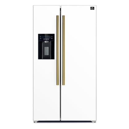 FORNO Espresso Salerno 36" 20 cu. ft. Side-By-Side Refrigerator with Water and Ice Dispenser in White with Antique Brass Handles